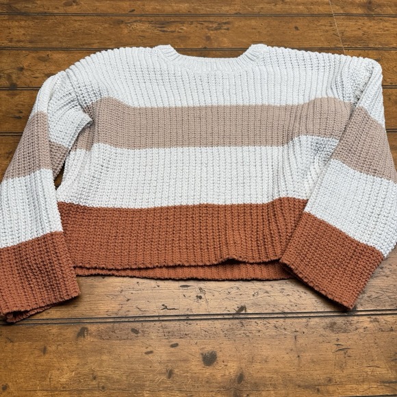 Jun & Ivy Stripe Sweater Cream Brown Rust Cropped Small Cozy Fall Vibes - Picture 1 of 4